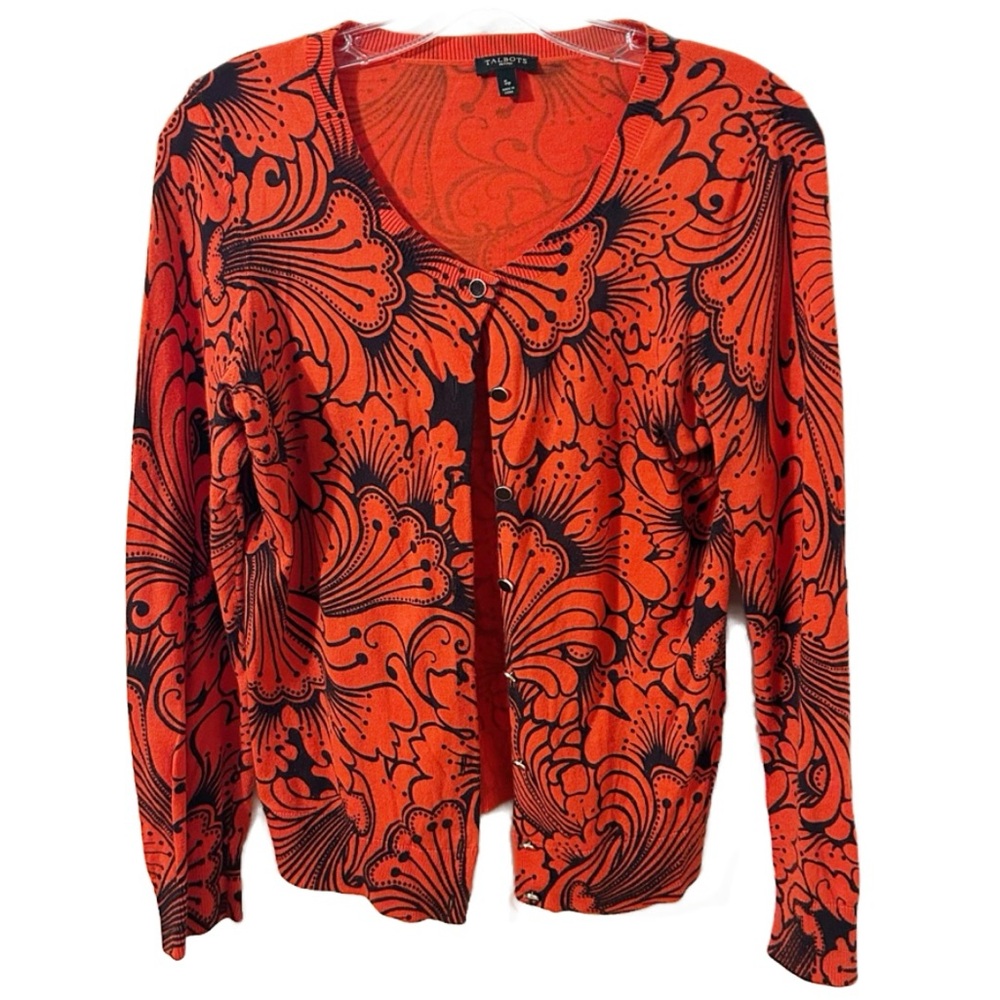 Talbots Orange and Black Floral Button-Down Cardigan Sweater with Scoop Neck